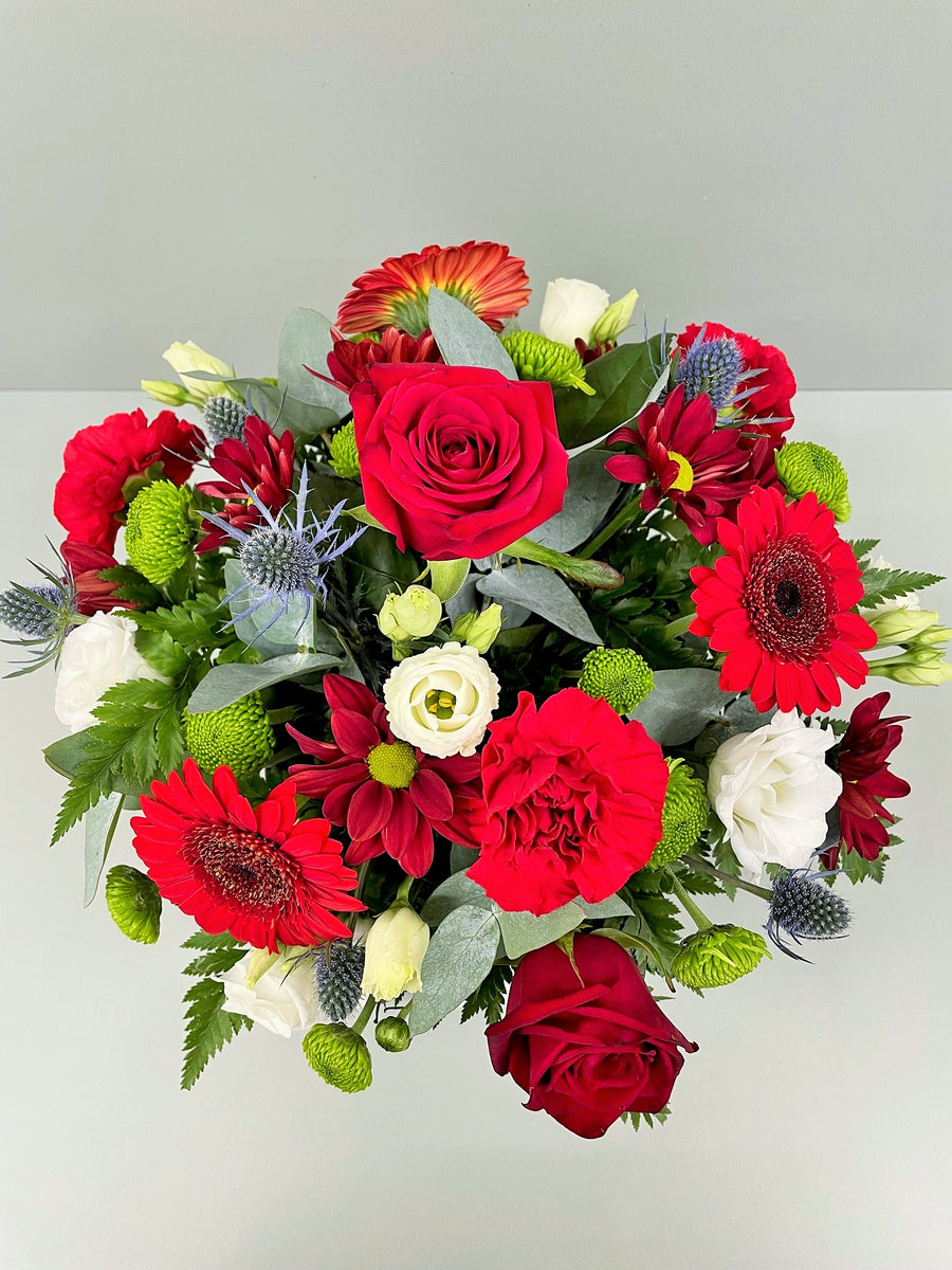 Red Velvet Christmas Hat Box Arrangement-from – Amaryllis Floral Design