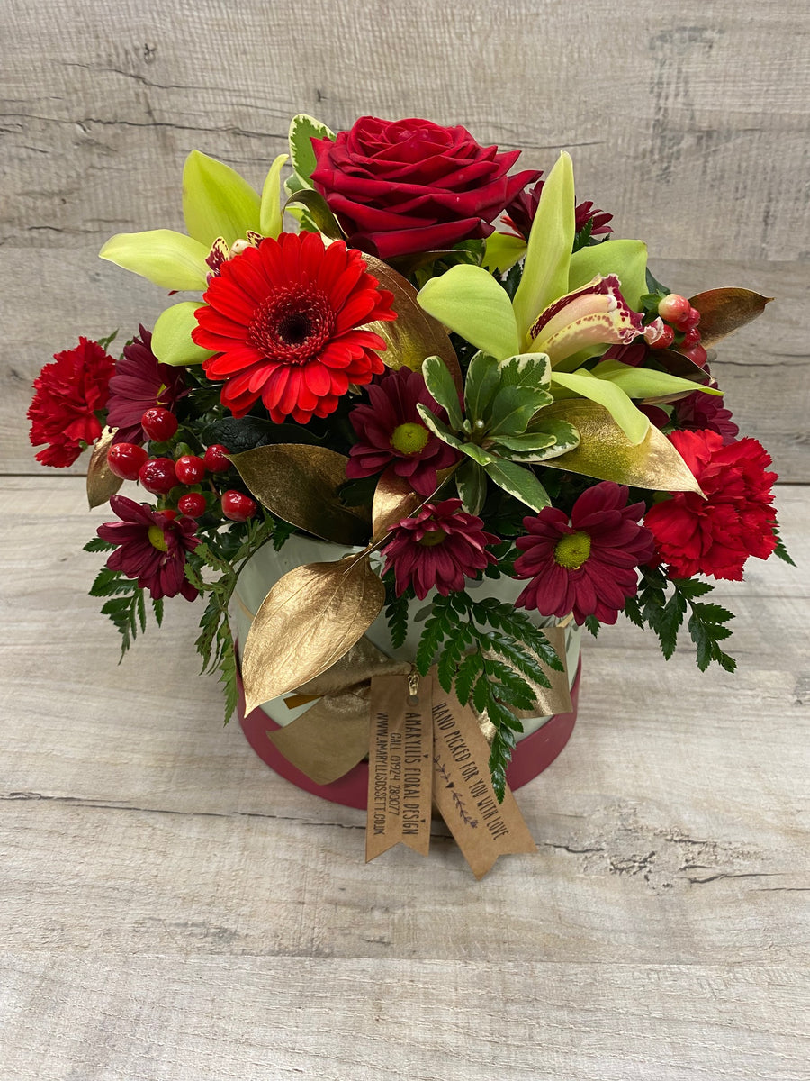 Red Round Floral Hat Box with Gold Accent - Set of 3