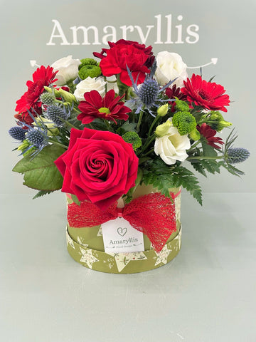 Stunning Red's Christmas Hat Box Arrangement
