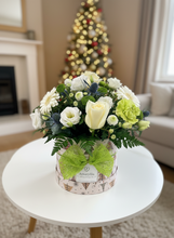 Winter Whites in a Christmas Hat Box Arrangement