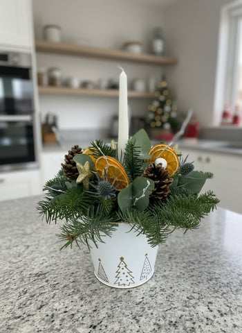 Christmas Candle Arrangement in Festive Zinc Pot