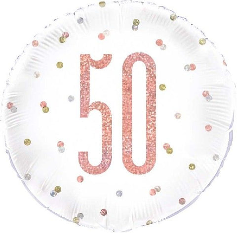 Age-50th Birthday Balloon White with Rose Gold Spots