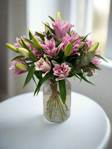 Rosalie Pink Lily Arrangement in Glass Vase