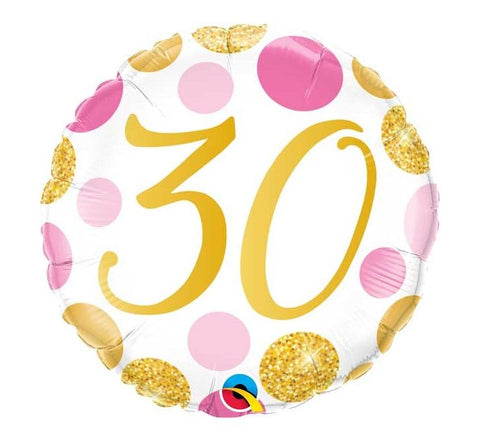 30th White with Gold and Pink Spots Birthday Balloon