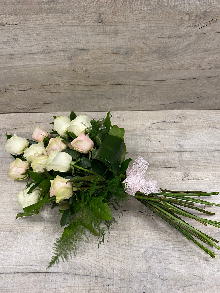 12 Large Head Roses Pink & White Mix Hand tied